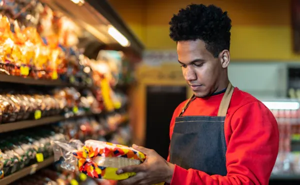 A man checking shelf life of bread